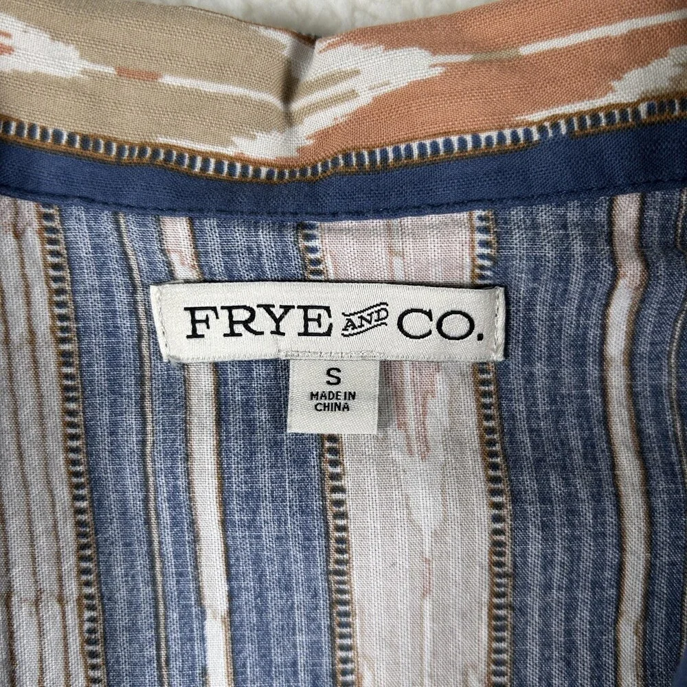 Frye And Co Shirt Mens Small Blue Brown Stripe Short Sleeve Button Up Casual